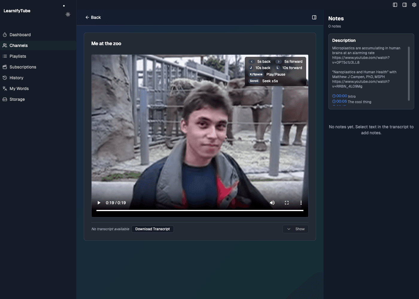 Learning focused interface in LearnifyTube