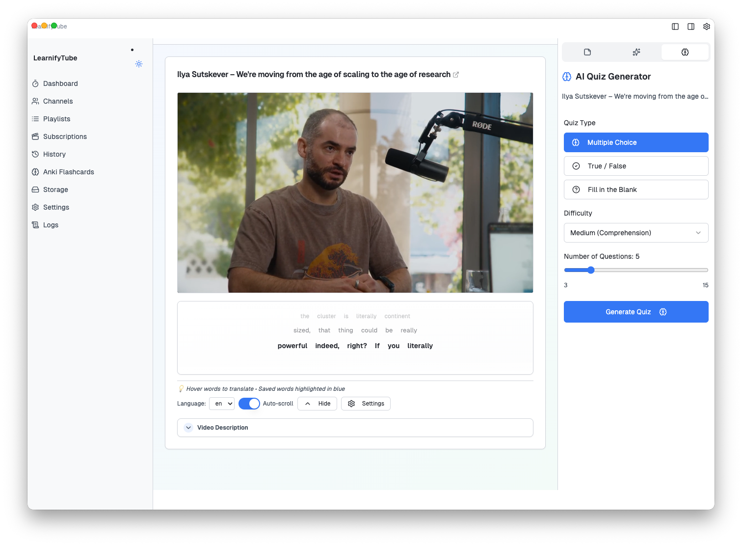 AI Quiz Generator interface with question types and difficulty settings