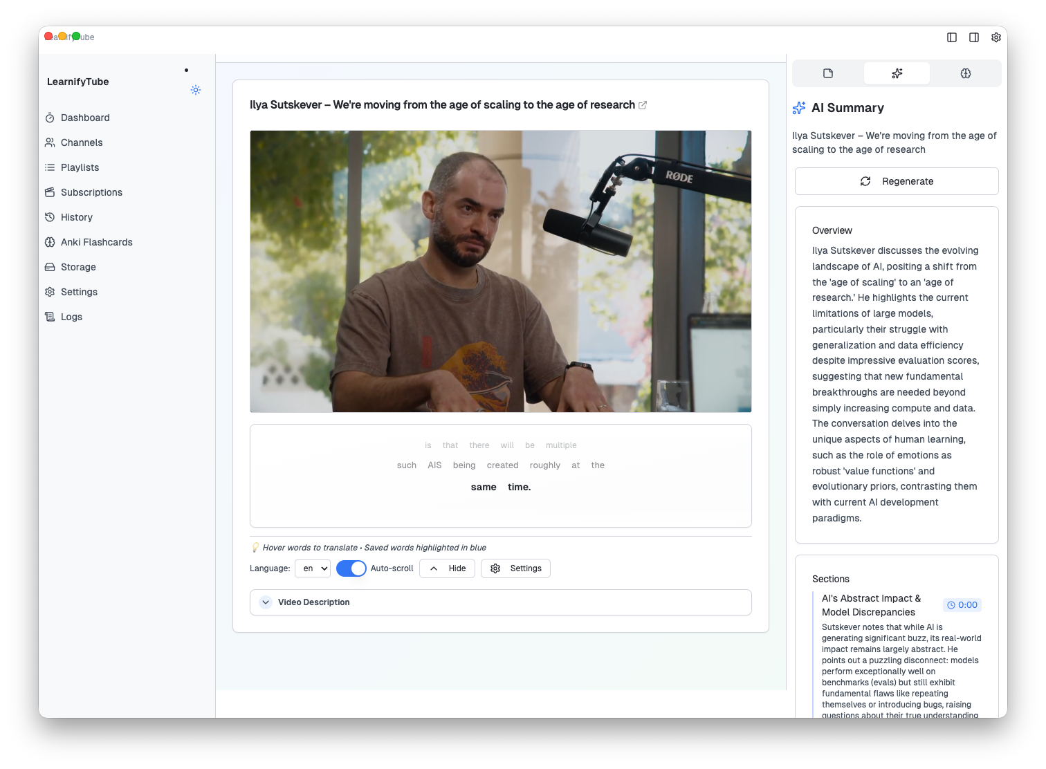 AI Summary Sidebar showing video overview and sections